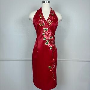 Manloulan Chinese Embroidered Midi Sheath Dress Size XL NWT Red Satin Floral